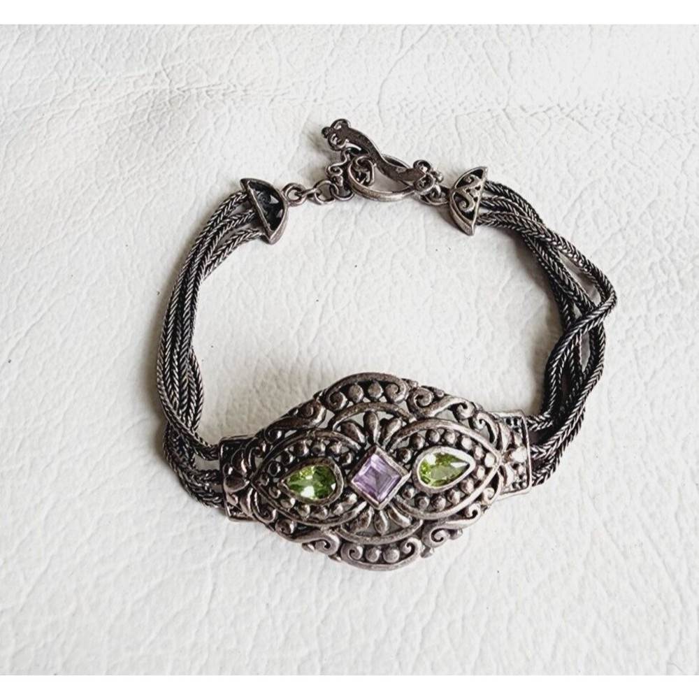 Estate Vintage Ornate Bali Amethyst Peridot Sterling Silver 17.8 Toggle Bracelet